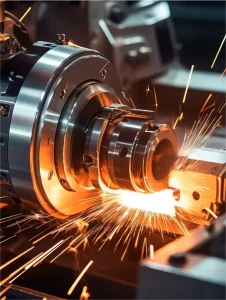 A close-up photograph of a CNC lathe machining a metal part, producing bright sparks, illustrating precision manufacturing and custom fabrication.
