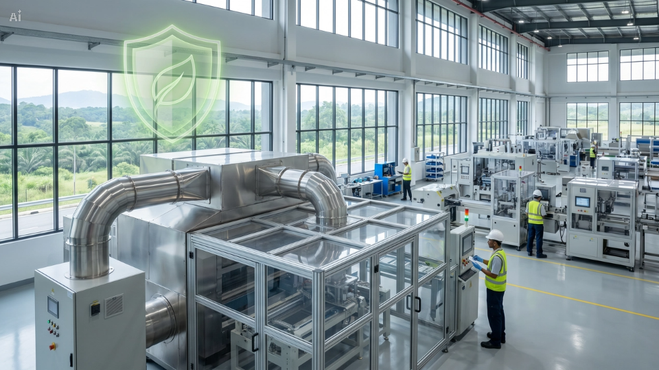 Modern industrial facility in Malaysia showing compliant air pollution control systems and DOE environmental standards.