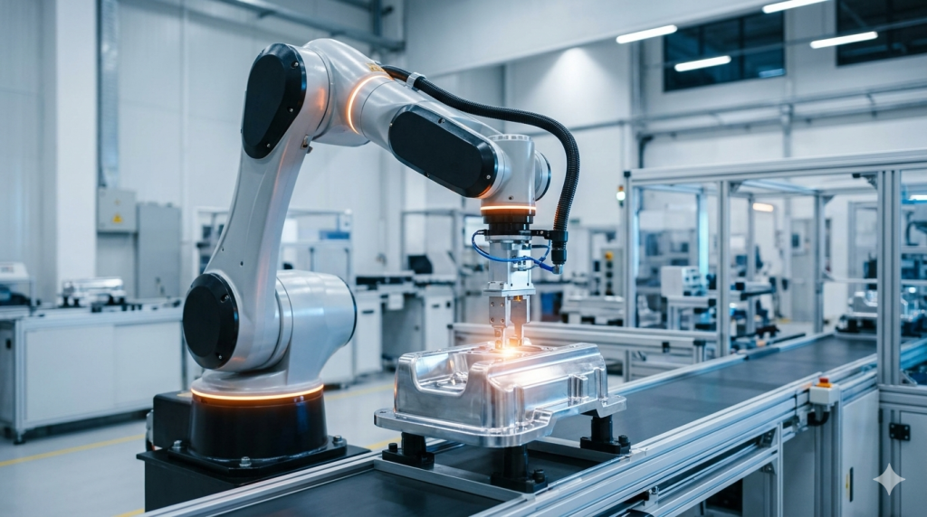 Industrial robotic arm performing high-speed automated precision assembly on a factory production line.
