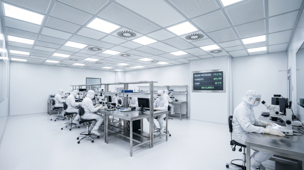 Industrial cleanroom system design featuring ceiling HEPA filtration and strict climate control systems.