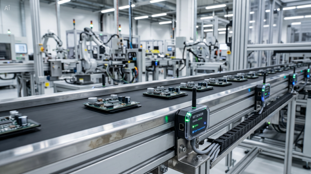 Smart conveyor system featuring integrated IoT sensors and automated flow control inside an Industry 4.0 factory.