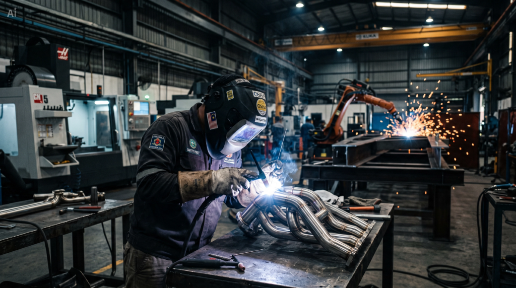 Precision TIG welding on a custom stainless steel industrial assembly inside a modern metal fabrication plant.