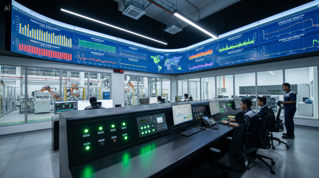 Integrated factory SCADA automation system tracking production metrics and DOE environmental compliance data.