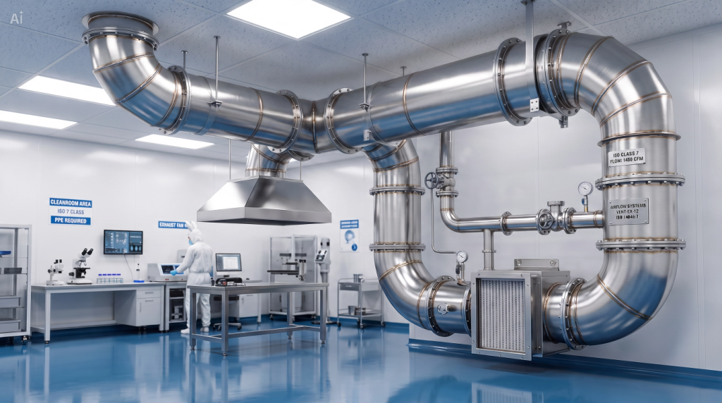 D.O.E-compliant stainless steel exhaust ductwork installed safely inside an ISO-certified industrial clean room.
