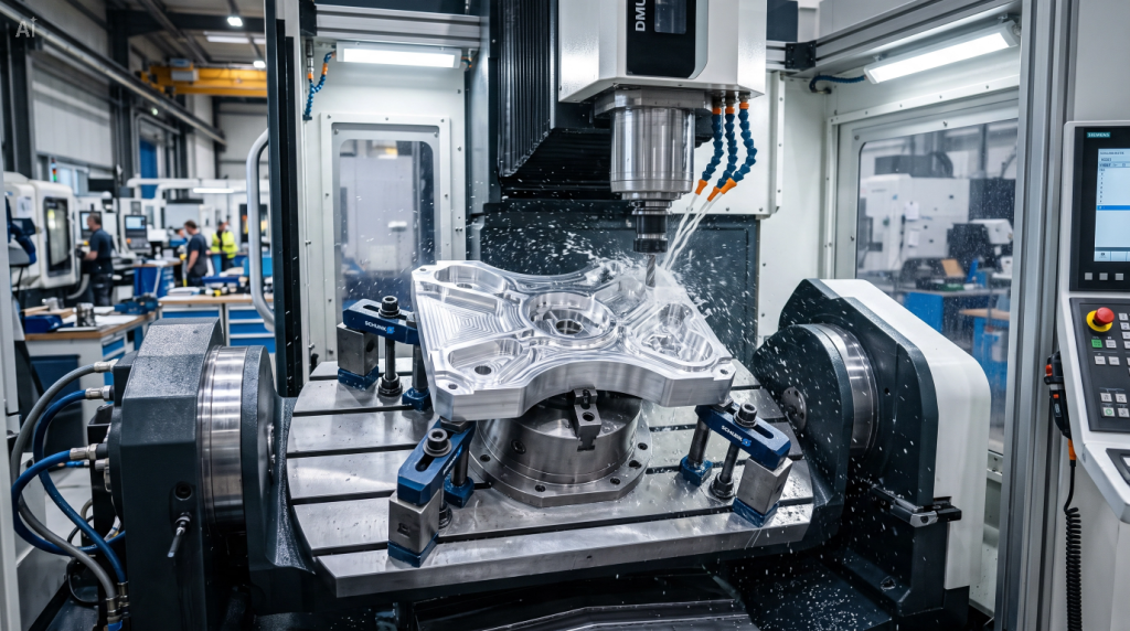 Precision CNC machining center accurately cutting a custom metal component for high-quality industrial assembly.
