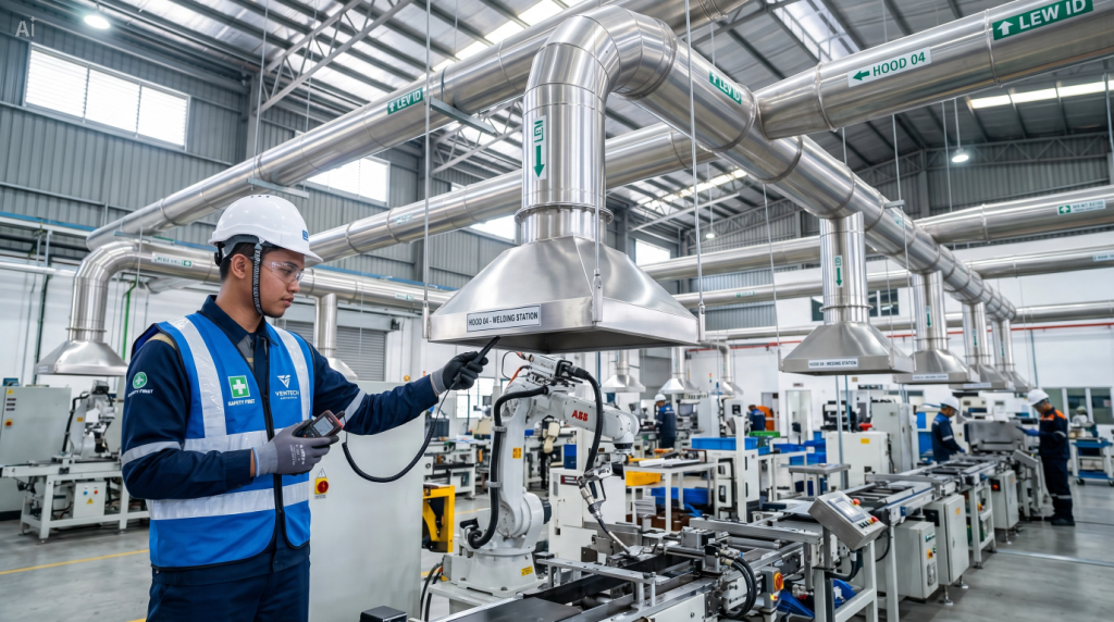 Industrial Local Exhaust Ventilation (LEV) system ducting and extraction hoods installed in a Malaysian manufacturing facility.