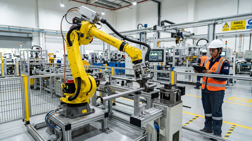 Industrial robotic automation arm processing metal tubes on a smart factory floor while monitored by a technician.