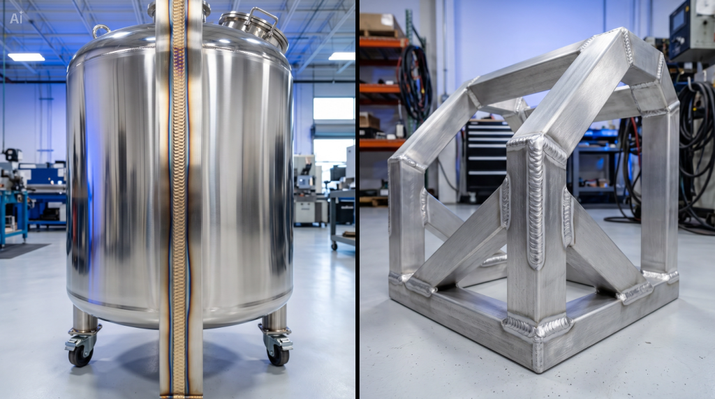 Industrial comparison of custom stainless steel and aluminum fabrication components displaying distinct weld characteristics.