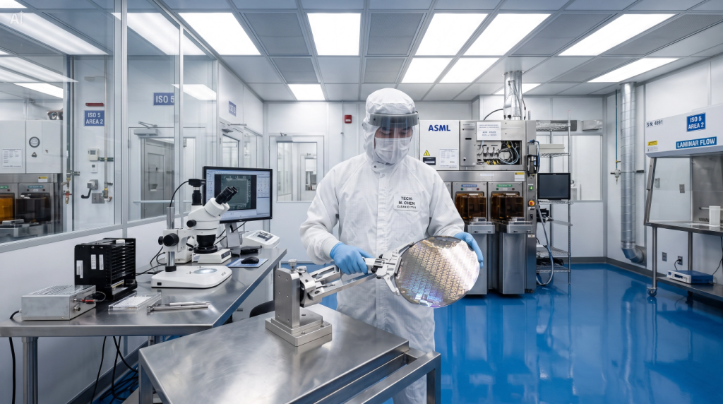 A technician in a full cleanroom suit inspecting a semiconductor wafer inside an ISO Class 5 electronics manufacturing clean room.
