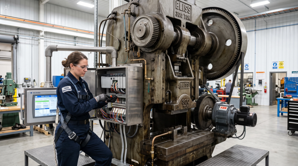 Engineer upgrading a heavy-duty mechanical industrial machine with a modern digital PLC and HMI touchscreen.