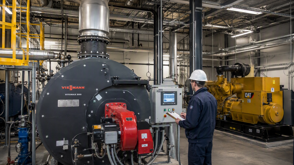 Industrial engineer inspecting a newly installed boiler and generator system for D.O.E environmental approval compliance.