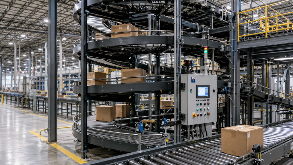 A smart, multi-level automated conveyor layout operating efficiently inside a high-volume industrial warehouse.